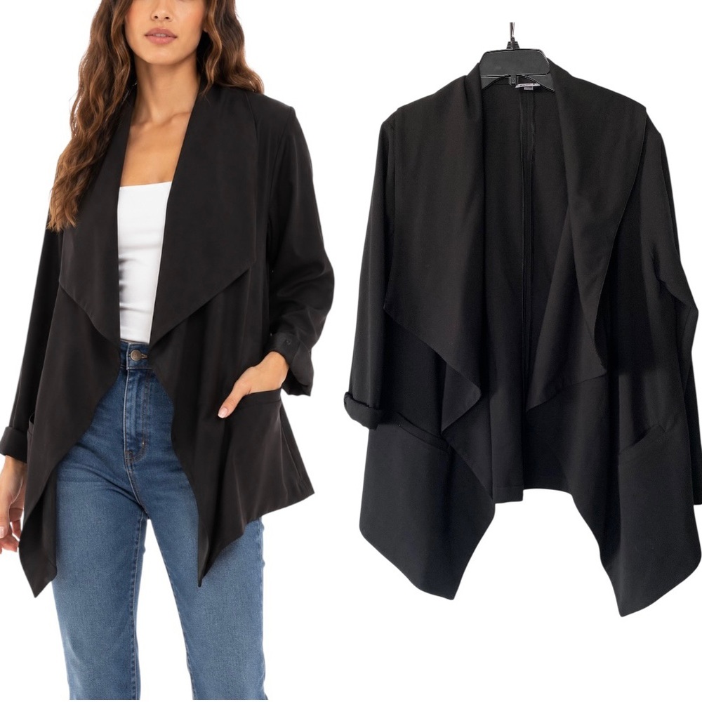 Planet By Lauren G. Black Draped Open-Front Jacket Blazer One Size Fits All